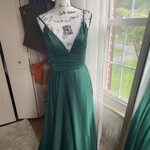 La Femme Strappy Back Satin Ballgown Ruched Leg Slit Emerald Size 8